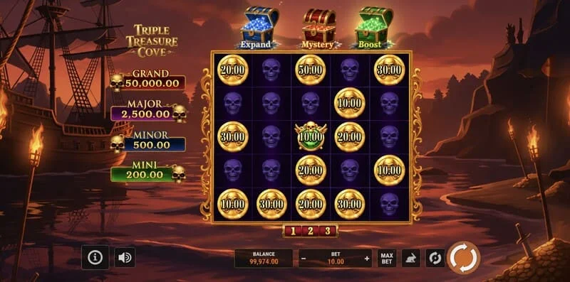 Triple Treasure Cove – pääruutu rullilla ja merirosvolahti
